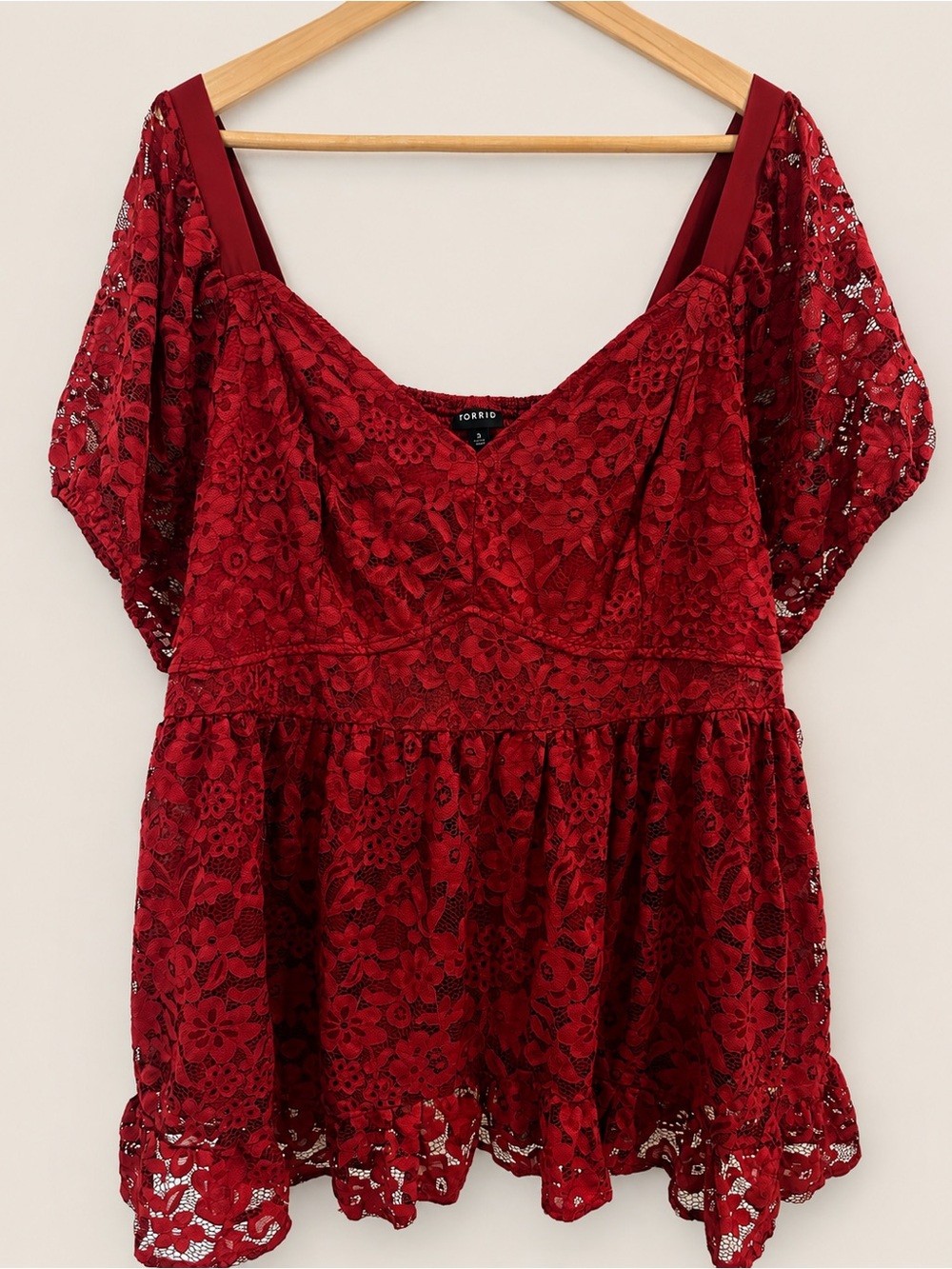 Torrid Size 3 Burgundy Red Floral Lace Babydoll Peplum Top Romantic